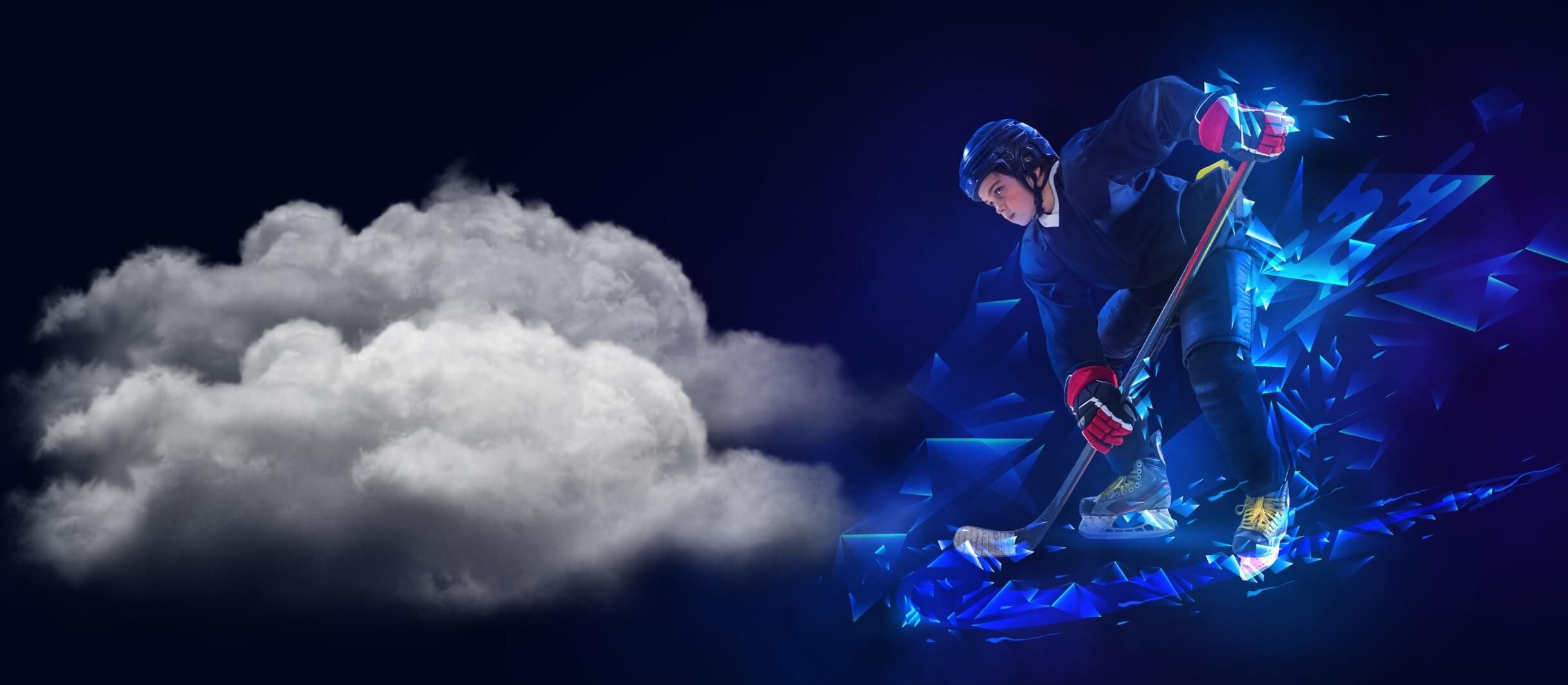 Kids hockey player on the right with dark background and clouds on the left VI Storm Athletics