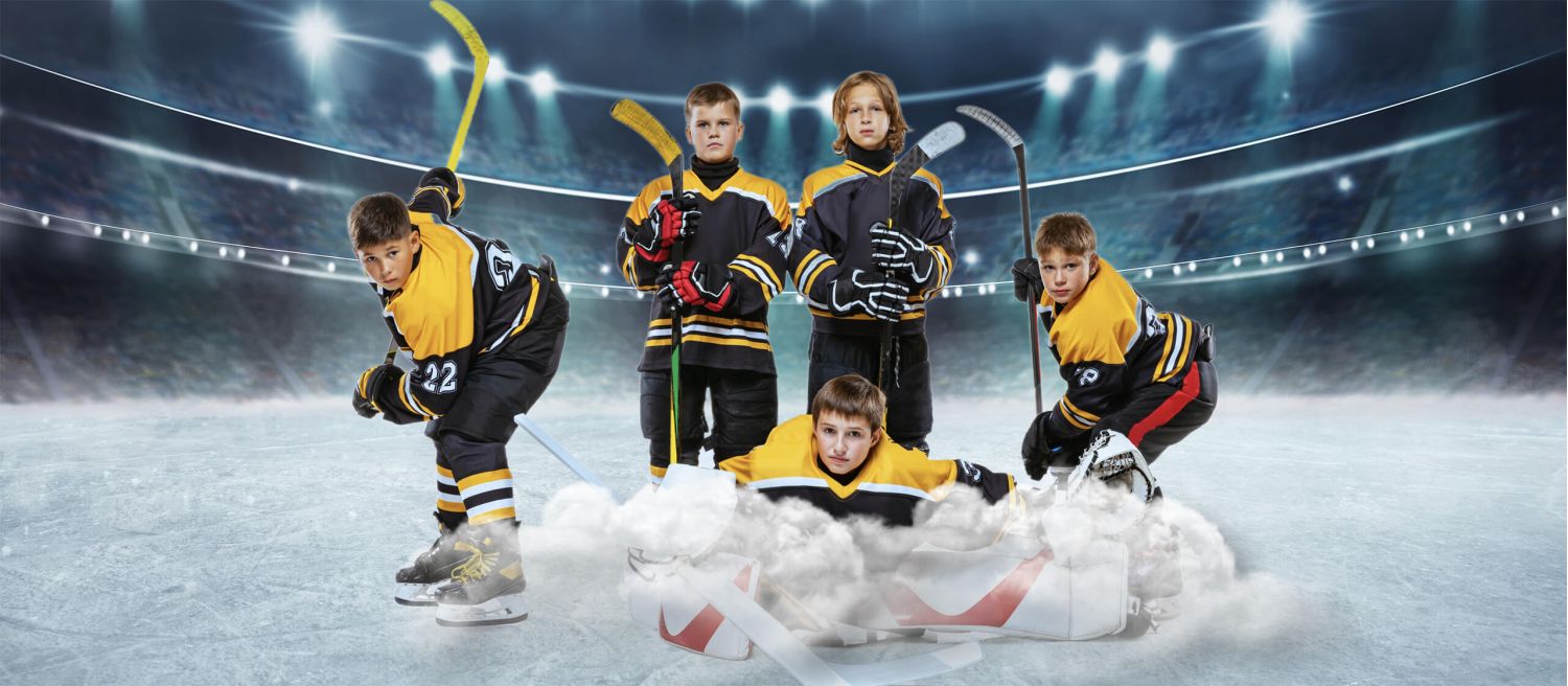 Group of kids hockey players on the ice with clouds on the bottom VI Storm Athletics