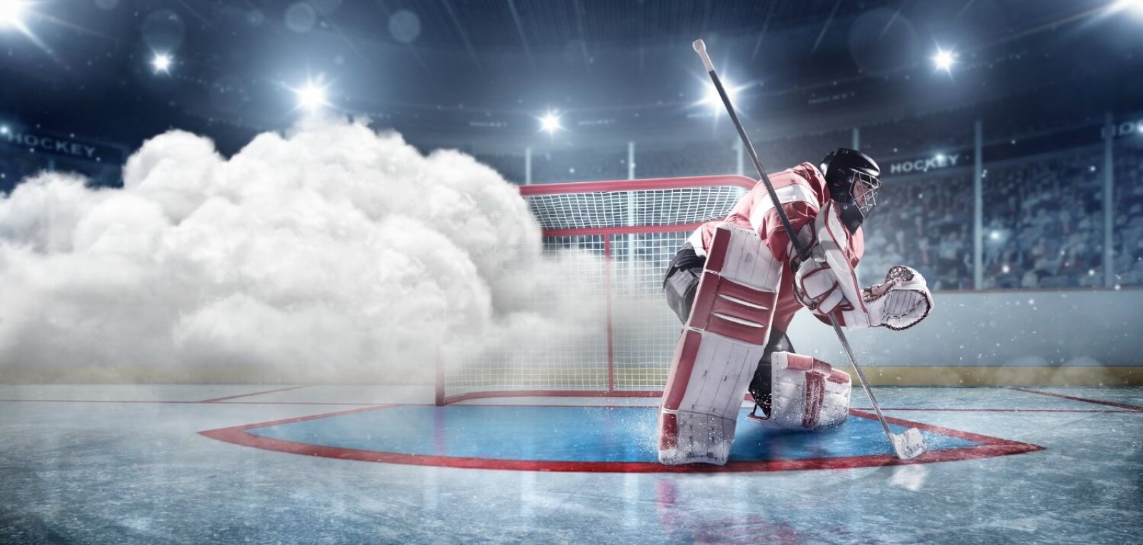 Hockey goalie in net with clouds to the left VI Storm Athletics