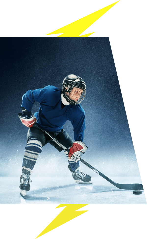 Kids hockey player on the ice with lightning bolt image accents VI Storm Athletics