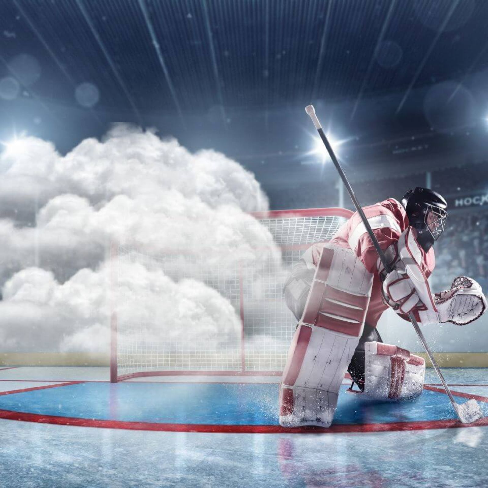 Hockey goalie in net with clouds to the left VI Storm Athletics