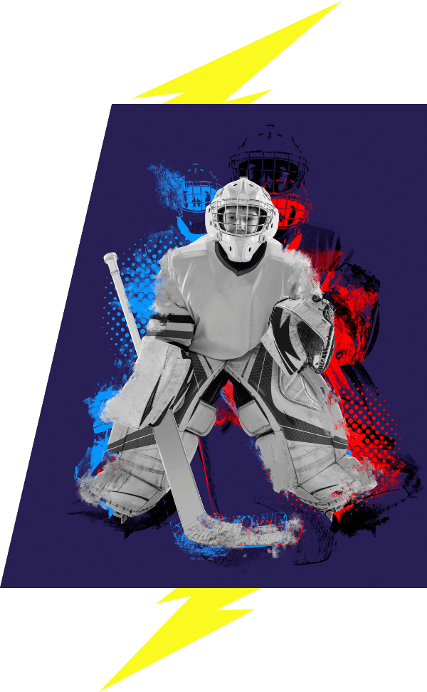 Kids goalie with red and blue graphic accents with lightning bolt image accents VI Storm Athletics