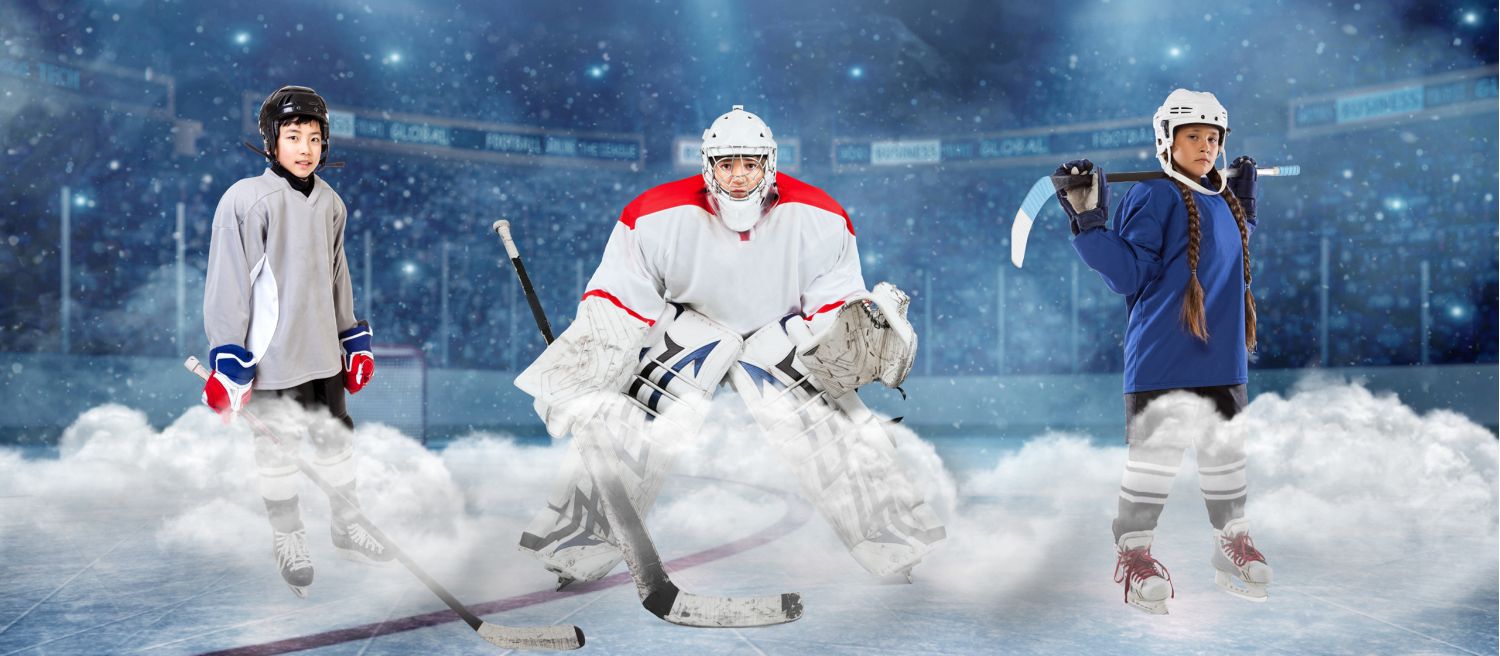 Group of kids hockey players on the ice with clouds on the bottom VI Storm Athletics