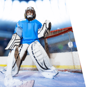 A goalie poses for the photo, weraing blue.