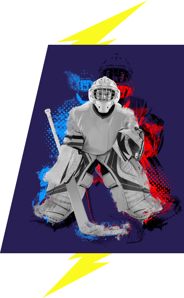 Kids goalie with red and blue graphic accents with lightning bolt image accents VI Storm Athletics